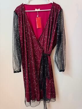 Red Dot Boutique Faux Wrap Dress NWT Burgundy Red Black Glitter Mesh Sleeve 3X